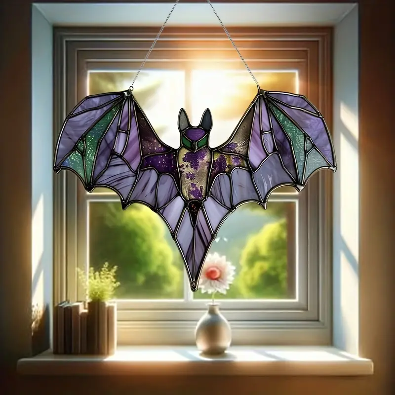 Acrylic Bat Suncatcher Hanging Ornament - 7.7 x 6.2 - Contemporary Style, Multi-purpose Halloween Wall & Window Decor, No Feather, Animal Theme, Electricity-Free, Ideal for Housewarming Gifts and Wreath ORHA2608