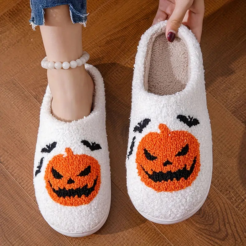 Cartoon Pumpkin & Bats Print Slippers, Slip On Fuzzy Soft Sole Flat Non-slip Shoes, Halloween Cozy Warm Home Shoes SL0808 07