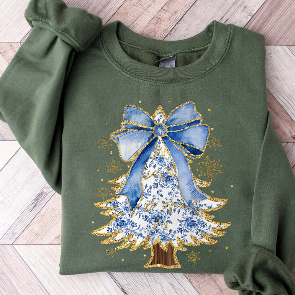 Colorful Gold Glitter Chinoiserie Christmas Tree Png, Coquette Blue Christmas Png, Christmas Toile Png, Blue Floral Bow, Preppy Christmas PNG0410 12 NPN