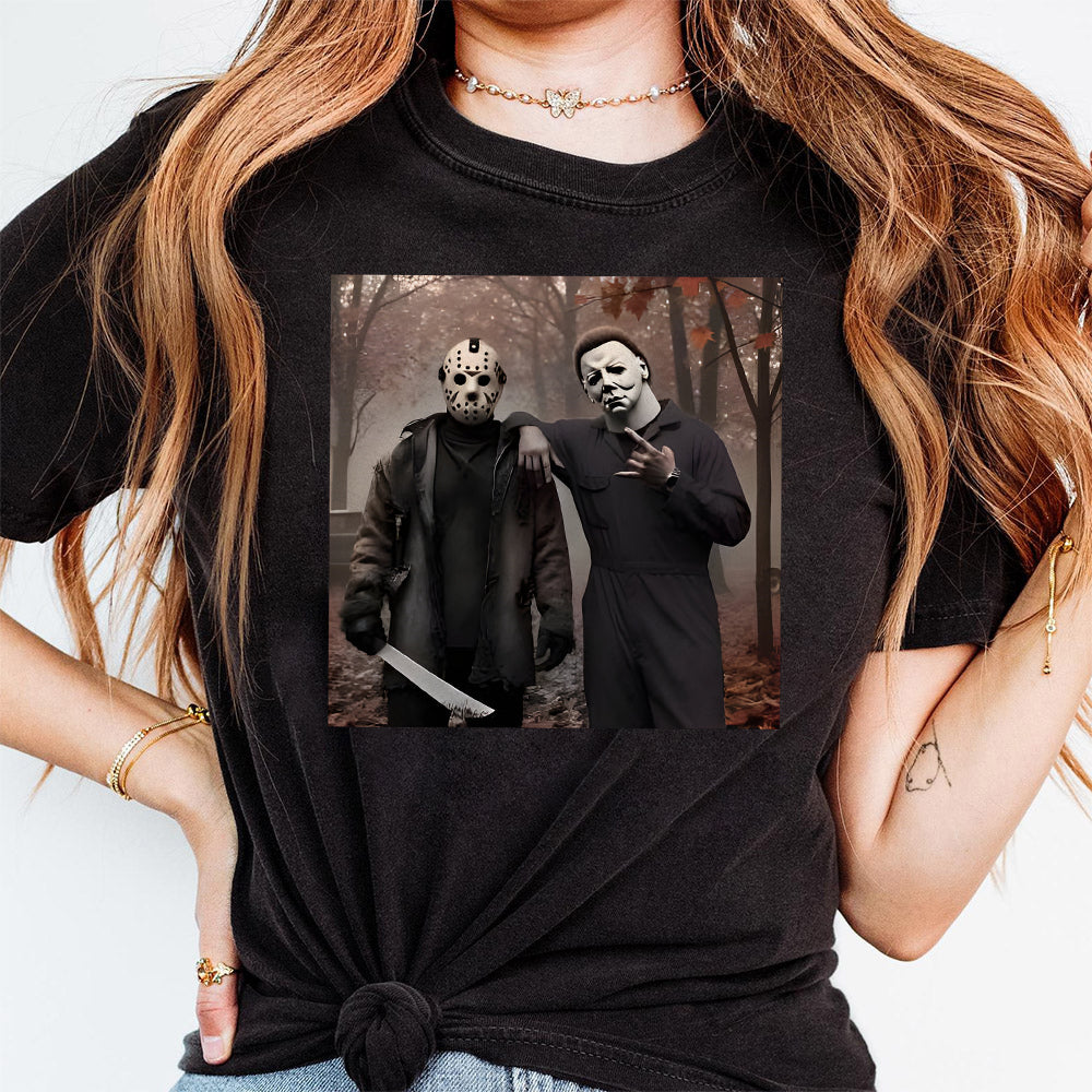 Jason Voorhes Michael Myers Shirt, Friday the 13th, Jason and Michael Shirt, Horror Characters Friend, 90s Halloween Movie Shirt Designs TM1510 04