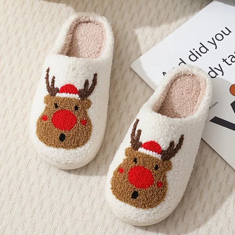 Cartoon Christmas Deer Print Slippers, Slip On Soft Sole Flat Non-slip Comfy Shoes, Winter Plush Home Warm Shoes SL0808 16