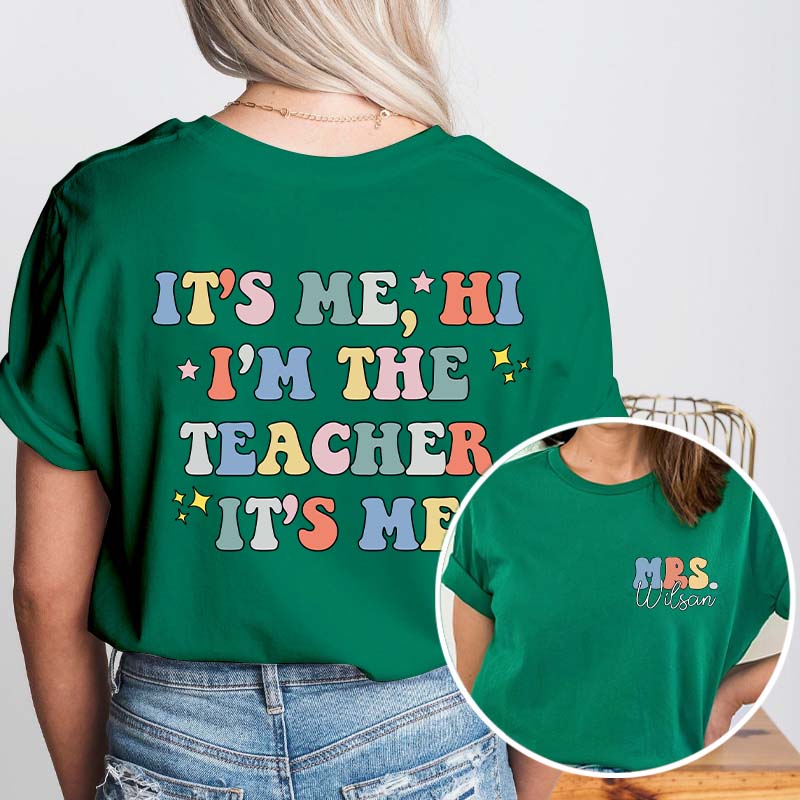 Personalized Pink Rainbow Cute Icon Teacher Two Sided T-Shirt 2MAT68