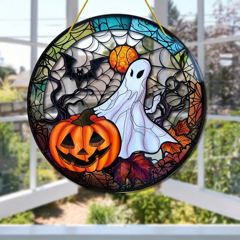 Spooky Ghost Halloween Window Hanging - 8x8 Colorful Acrylic Suncatcher, Gothic Home & Garden Decor, Perfect for Housewarming Gifts & Holiday Decorations Halloween Home Decor Spooky Home Decor ORHA2408