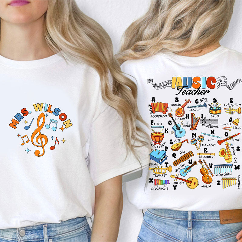 Personalized Music Teacher's Name Musical Instrument Icons Teacher Two Sided T-Shirt 2MAT88