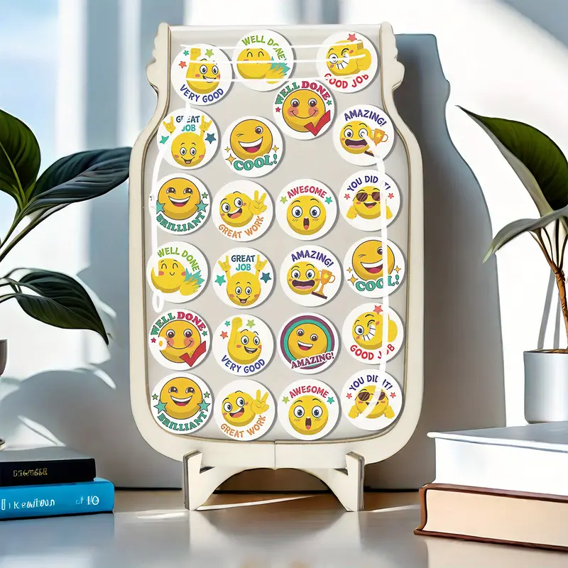 joyful Rhubarb Reward Jar - Colorful Cartoon Facial Expressions For Behavior Encouragement, Perfect For Toilet Training & Classroom Motivation, AcrylicFaux Wood, No Batteries Required REJARTEM