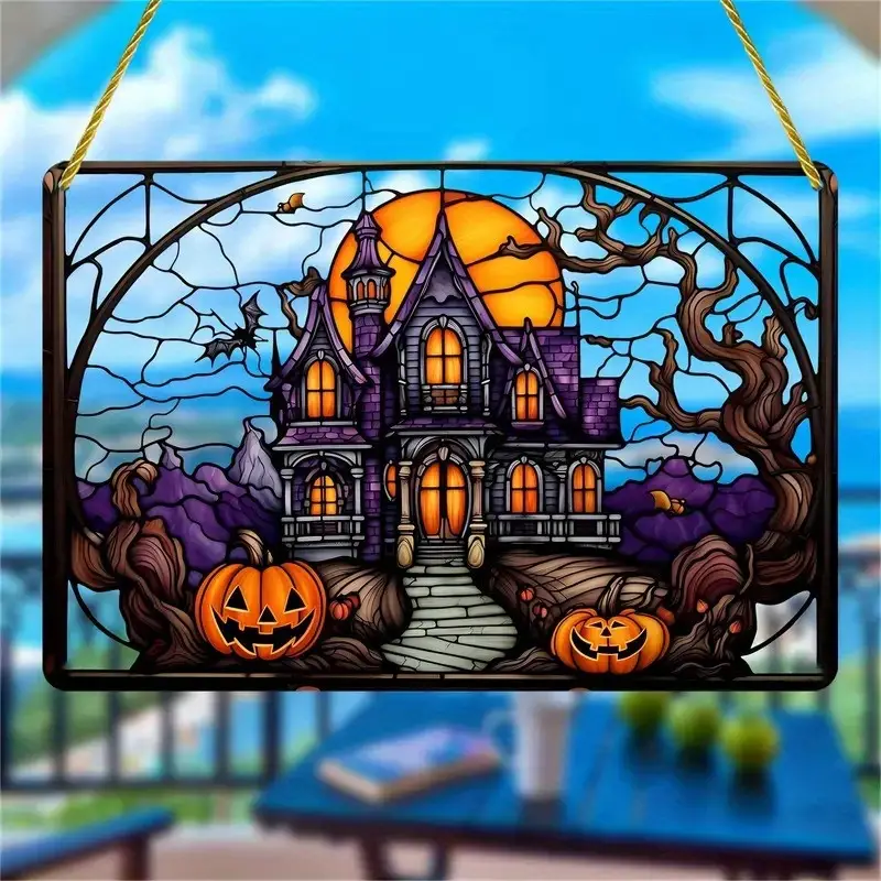 1pc, Halloween Horror Castle Pumpkin Suncatcher - Art Decor Style Acrylic Decorative Sign with Wall Hanging Mount, Building Theme for Multipurpose Use - Ideal for Window, Porch, Wall, Home & Garden Decora ORHA2408