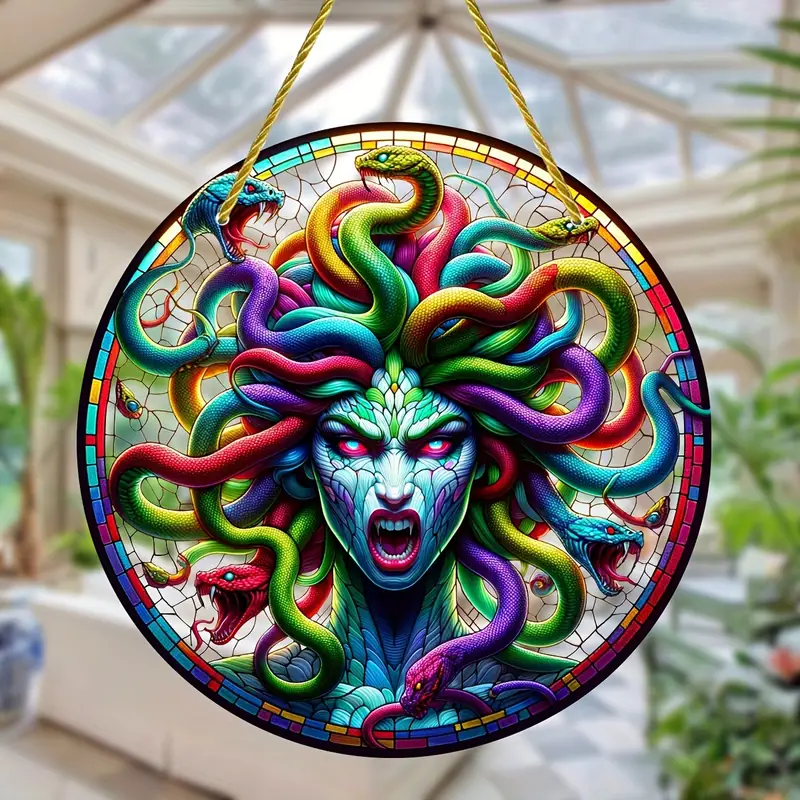 Medusa Themed Acrylic Suncatcher - 8 Round Horror-Inspired Light Catcher for Home, Garden, Window Hanging Decorations - Birthday Occasion Durable Suncatcher with Nylon Rope and Rubber Sleeve Protection ORHA2408