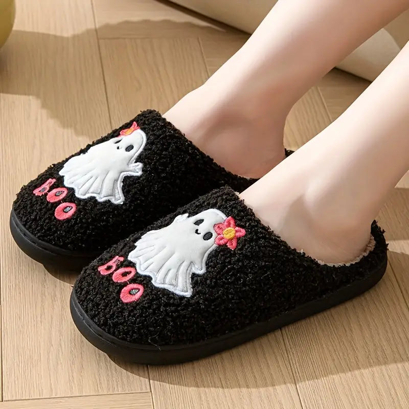Halloween Cute Little Ghost Pattern Slippers, Casual Slip On Plush Lined Shoes, Comfortable Indoor Home Slippers 
 SL0808 14