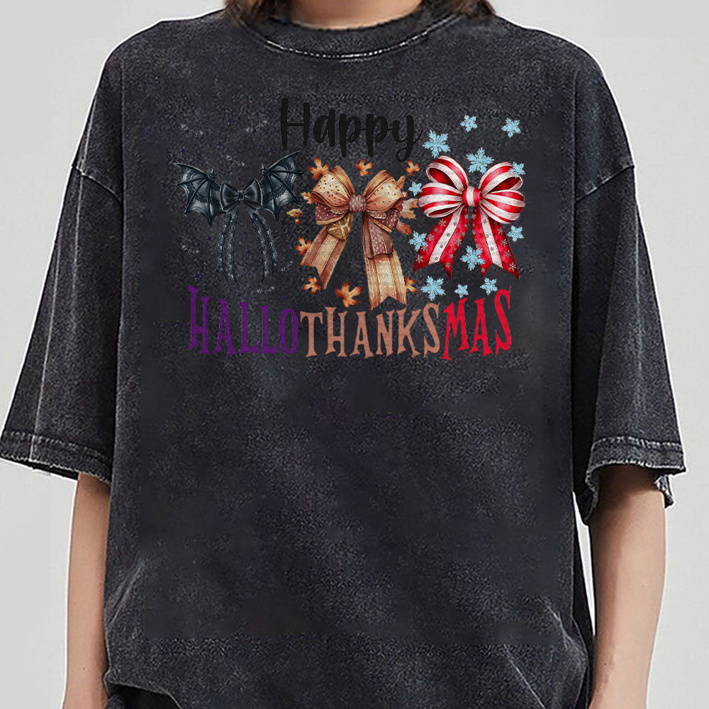 Hallothanksmas Coquette bow Shirt, Happy Hallothanksmas Shirt, Halloween Shirt, Christmas Coquette bow Shirt, Fall Shirt,Sublimate ,Trending Shirt FFF