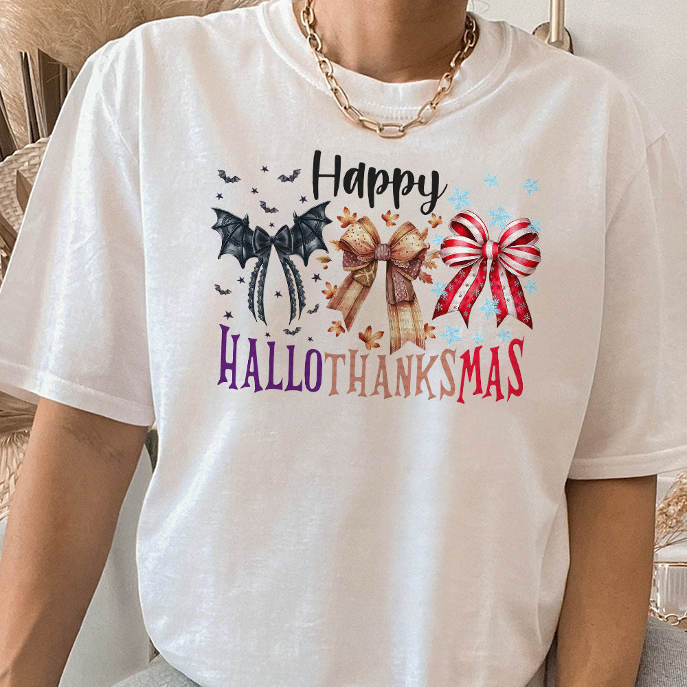 Hallothanksmas Coquette bow Shirt, Happy Hallothanksmas Shirt, Halloween Shirt, Christmas Coquette bow Shirt, Fall Shirt,Sublimate ,Trending Shirt FFF