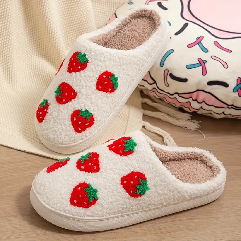 Cute Strawberry Pattern Plush Slippers, Closed Toe Soft Sole Slip On Flat Shoes, Cozy & Warm Home Floor Slippers 
 SL0808 22