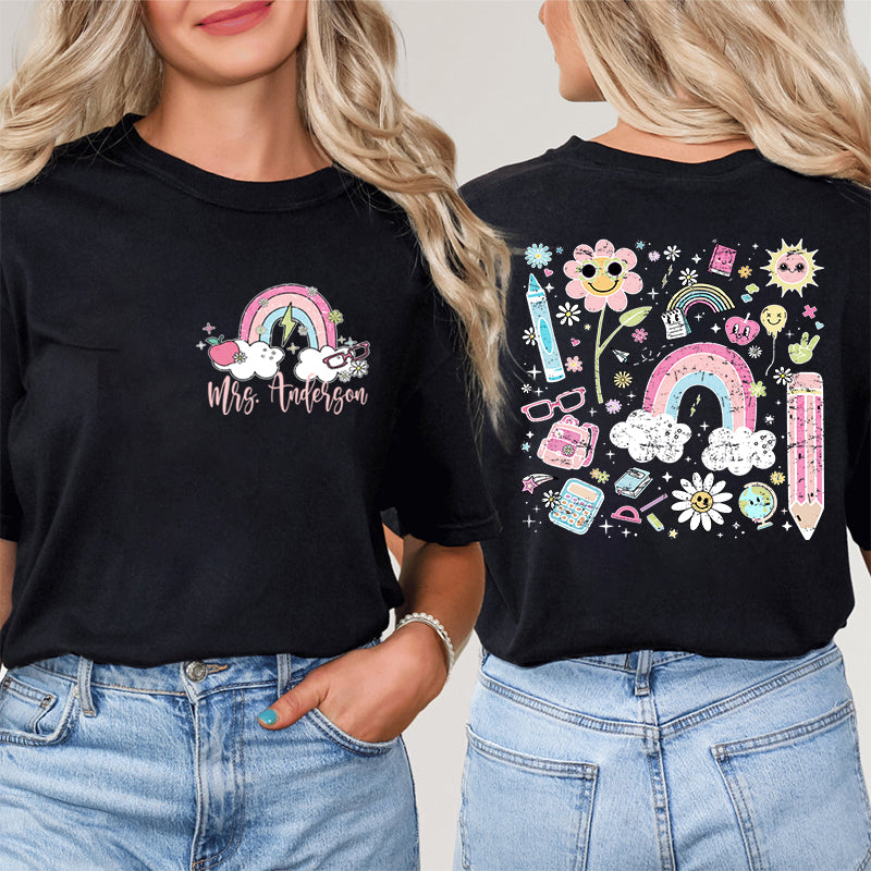 Personalized Pink Rainbow Cute Icon Teacher Two Sided T-Shirt 2MAT88