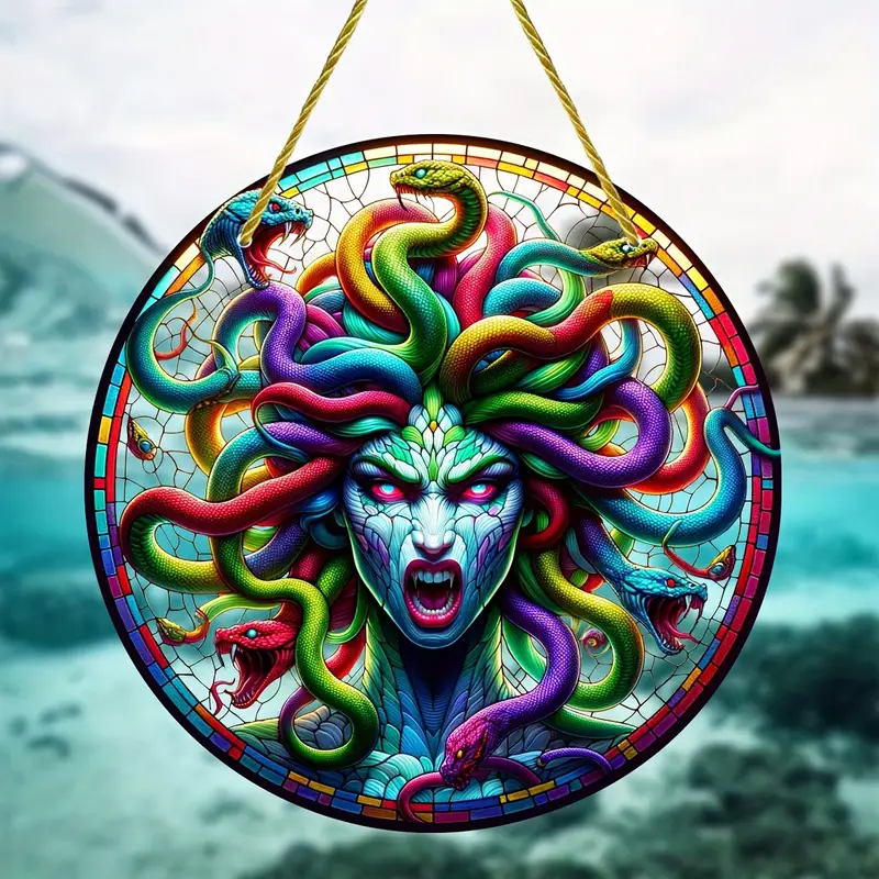Medusa Themed Acrylic Suncatcher - 8 Round Horror-Inspired Light Catcher for Home, Garden, Window Hanging Decorations - Birthday Occasion Durable Suncatcher with Nylon Rope and Rubber Sleeve Protection ORHA2408