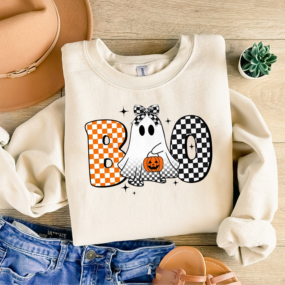 Checkered Boo Ghost Halloween Pumpkin Shirt, Halloween Kids Name Shirt, Coquette Bow, Ballcap, Girl Boy Halloween Shirt, Spooky Season Shirt TD2309 04