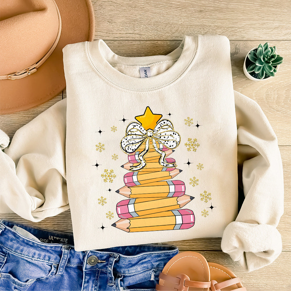 Christmas pencil tree teacher PNG, Crayon Tree Light Png, Gifts Student Shirt, Teacher Christmas Png, Christmas Gifts, Sublimation Design S68 BAA