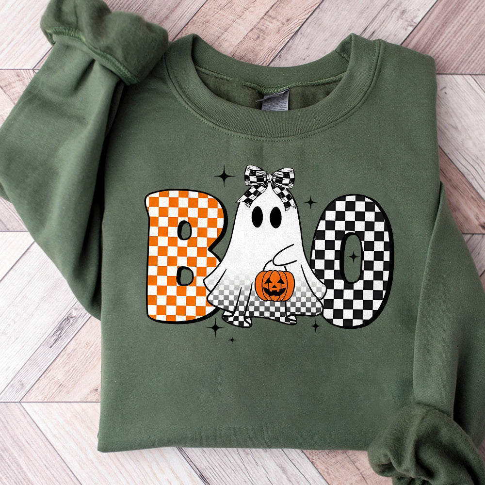 Checkered Boo Ghost Halloween Pumpkin Shirt, Halloween Kids Name Shirt, Coquette Bow, Ballcap, Girl Boy Halloween Shirt, Spooky Season Shirt TD2309 04