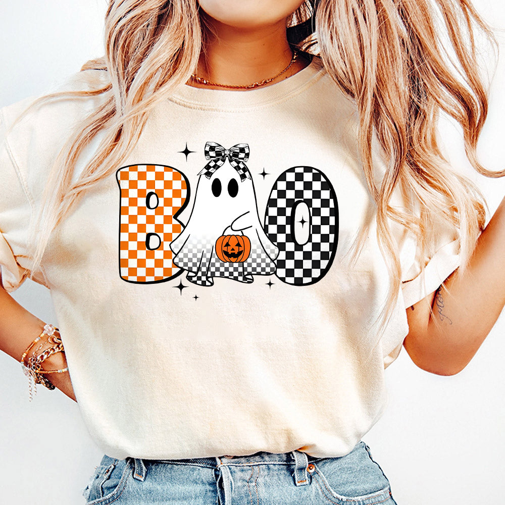 Checkered Boo Ghost Halloween Pumpkin Shirt, Halloween Kids Name Shirt, Coquette Bow, Ballcap, Girl Boy Halloween Shirt, Spooky Season Shirt TD2309 04