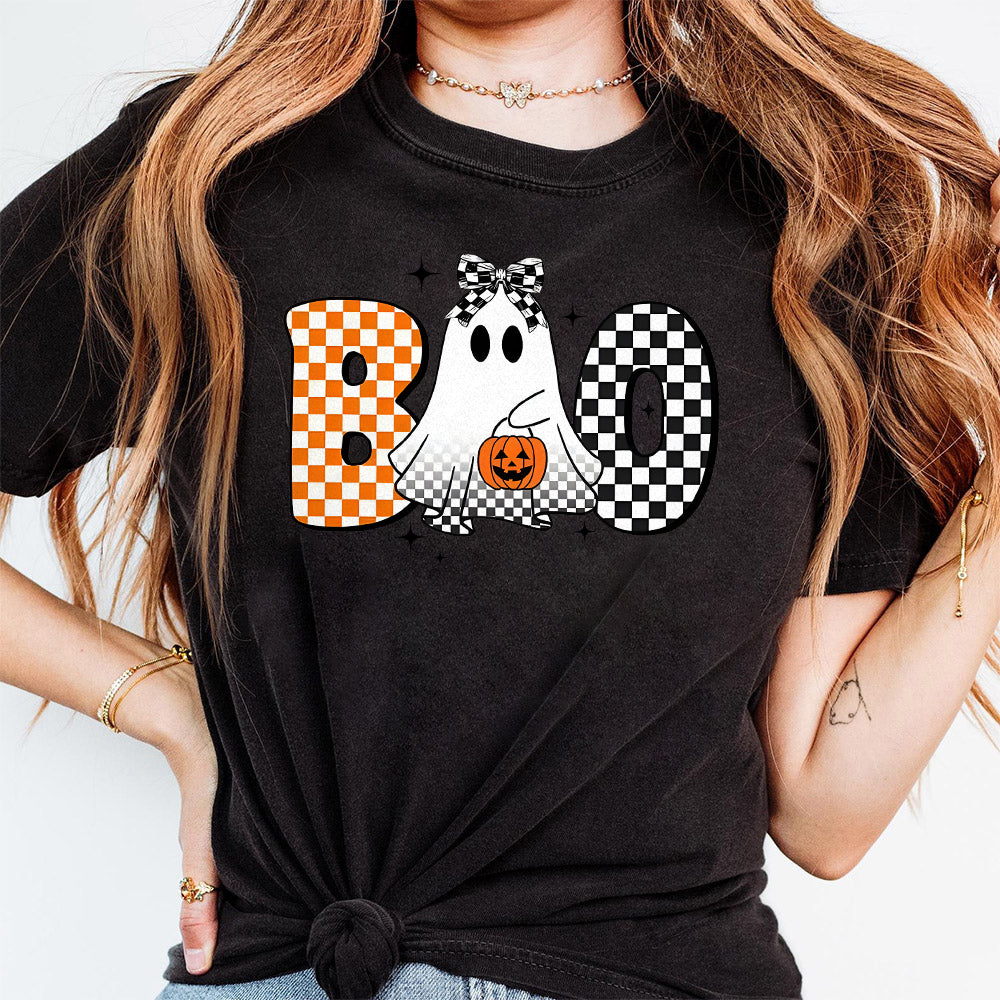 Checkered Boo Ghost Halloween Pumpkin Shirt, Halloween Kids Name Shirt, Coquette Bow, Ballcap, Girl Boy Halloween Shirt, Spooky Season Shirt TD2309 04