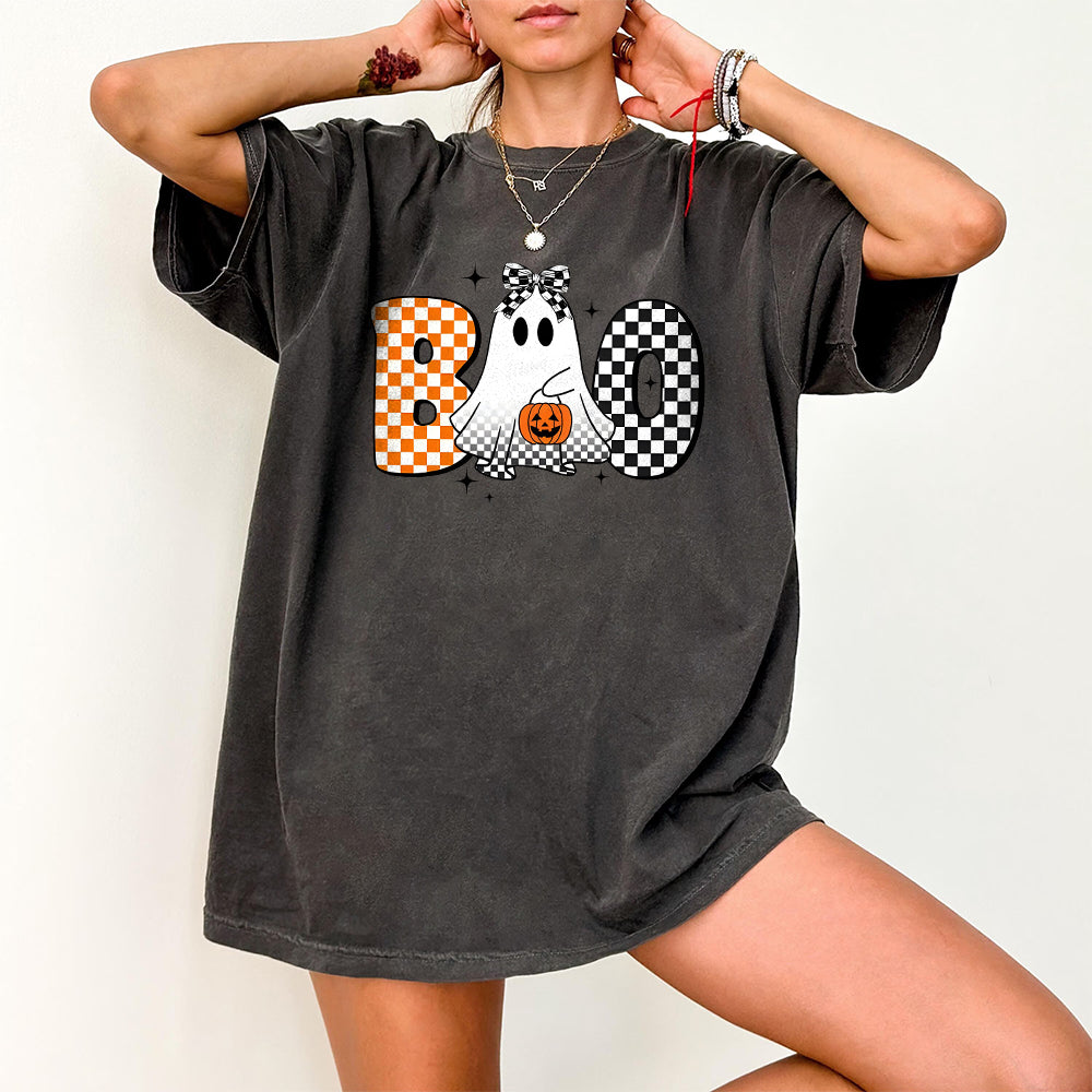 Checkered Boo Ghost Halloween Pumpkin Shirt, Halloween Kids Name Shirt, Coquette Bow, Ballcap, Girl Boy Halloween Shirt, Spooky Season Shirt TD2309 04