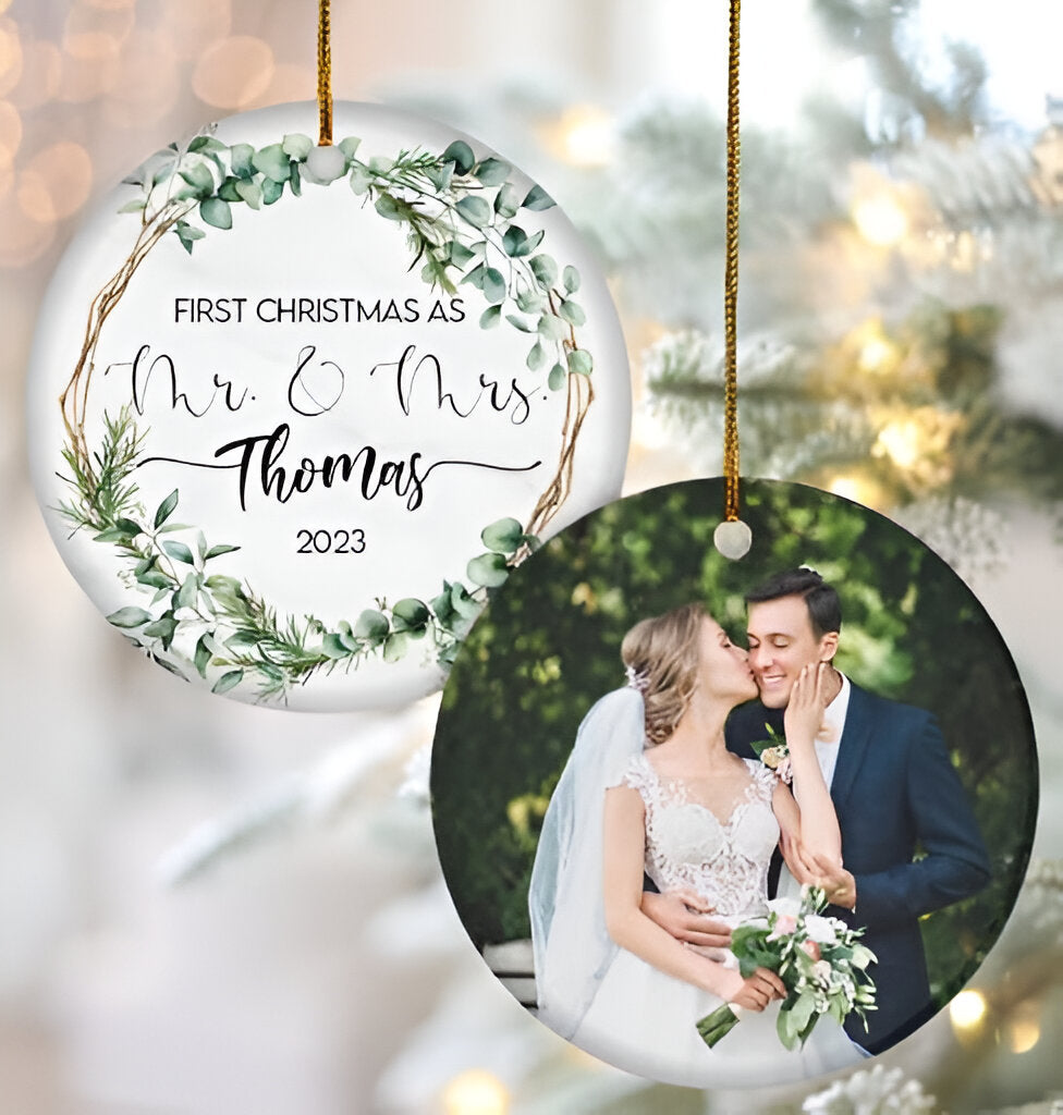 Personalized Our First Christmas As Mr and Mrs Ornament 2024, Custom Photo 1st Christmas Married Ornament 2024 ORN2509