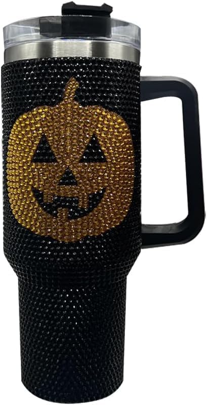 40 Oz Bling Tumbler With Handle Rhinestones Tumbler With Lid and Straw Fix for Car Cup Holder Insulated Stainless Steel Double Wall Water Cup Halloween Pumpkin Travel Mug Tumbler -Black TUM2708