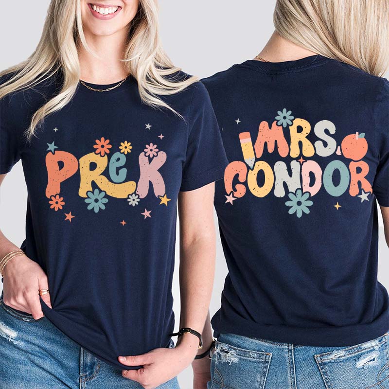 Personalized Name And Grade Bloom Flowers Teacher Two Sided T-Shirt 2MAT68