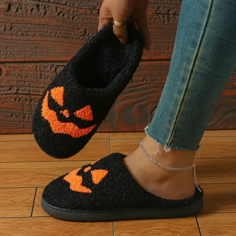 Halloween Pumpkin Design Slippers, Winter Cozy & Warm Slip On Fuzzy Shoes, Comfortable Indoor Floor Slippers SL0808 06