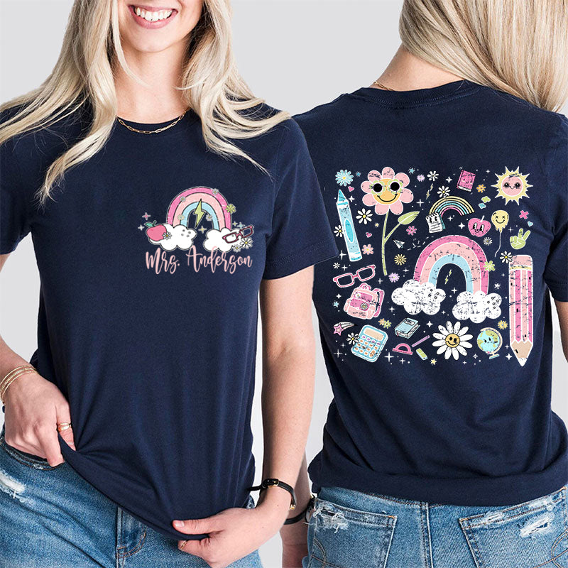 Personalized Pink Rainbow Cute Icon Teacher Two Sided T-Shirt 2MAT88