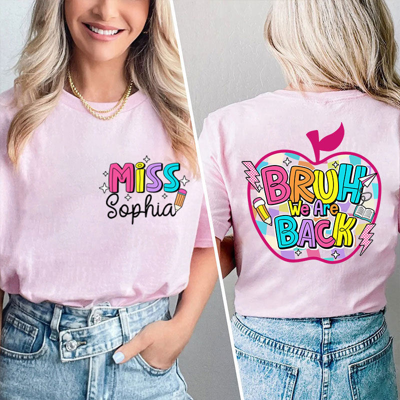 Personalized Teacher's Name Art Teacher Black And White Checkered Apple Design Teacher Two Sided T-Shirt 2MAT88