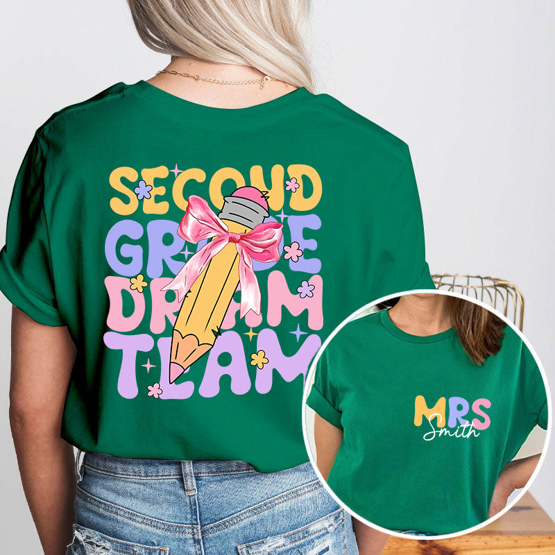Personalized Teacher's Name And Grade Bow Pencil Print Teacher Two Sided T-Shirt 2MAT88