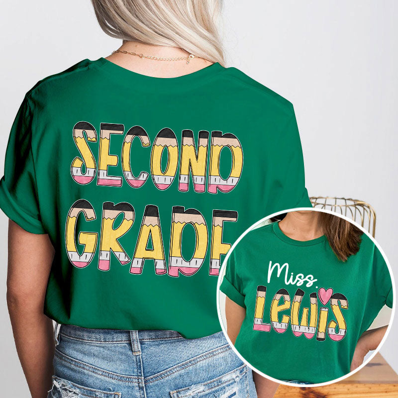 Personalized Teacher's Name And Grade Cartoon Pencil Font Design Teacher Two Sided T-Shirt 2MAT88