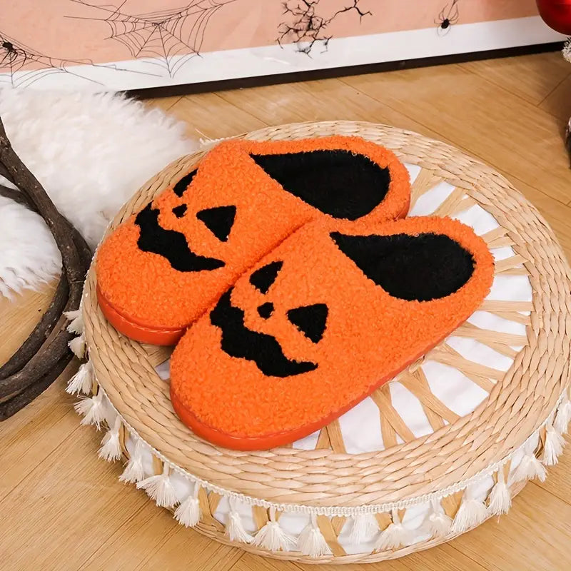 Cartoon Pumpkin Print Fuzzy Slippers, Slip On Soft Sole Platform Non-slip Shoes, Halloween Winter Plush Indoor Shoes SL0808 01