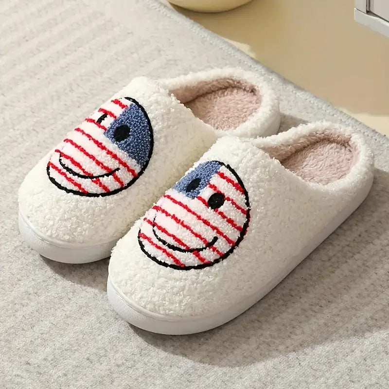 American Flag Cartoon Face Graphic Soft Plush Cozy House Slippers For Men, Lightweight Breathable Anti-skid Slip-on Shoes With Fuzzy Lining For Indoor Walking, Autumn And Winter 
 SL0808 23