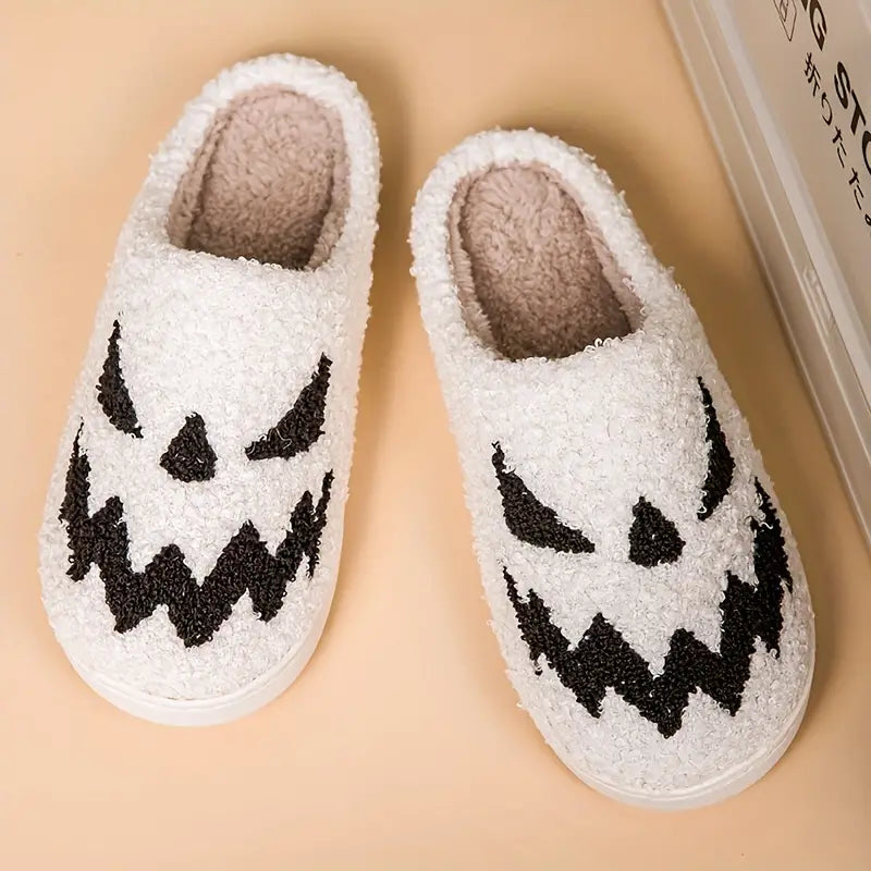 Ghost Face Fuzzy Slippers, Funny Closed Toe Plush Lined House Shoes, Winter Warm Home Slippers SL0808 25