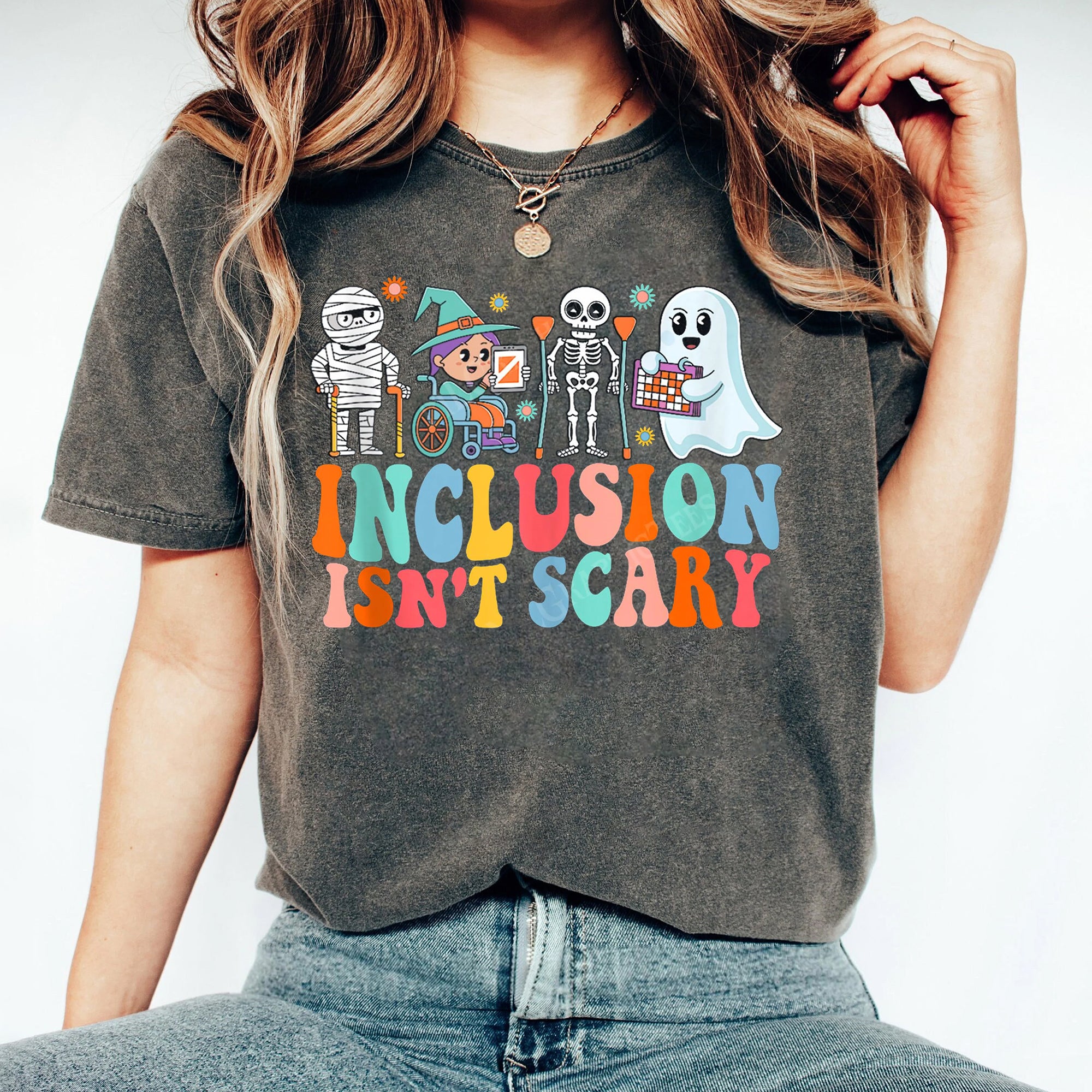 Inclusion Isn't Scary Teacher Skeleton Ghost Cute Halloween Shirt, SLP Halloween Shirt, Halloween Sped Teacher Tee EEE