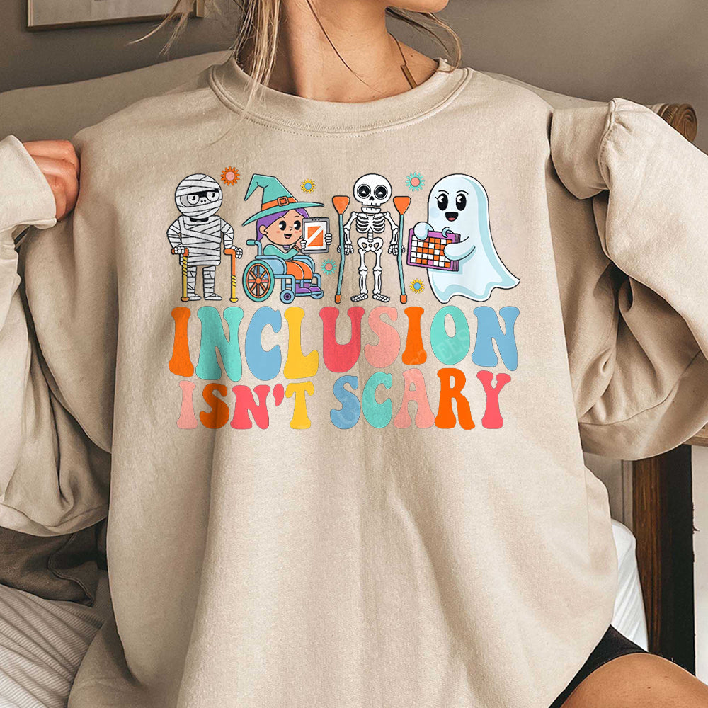 Inclusion Isn't Scary Teacher Skeleton Ghost Cute Halloween Shirt, SLP Halloween Shirt, Halloween Sped Teacher Tee EEE