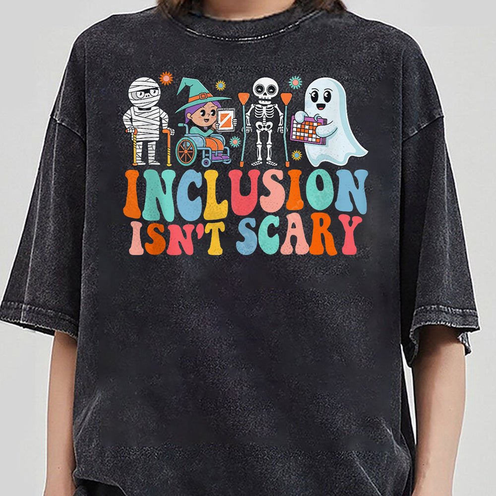 Inclusion Isn't Scary Teacher Skeleton Ghost Cute Halloween Shirt, SLP Halloween Shirt, Halloween Sped Teacher Tee EEE