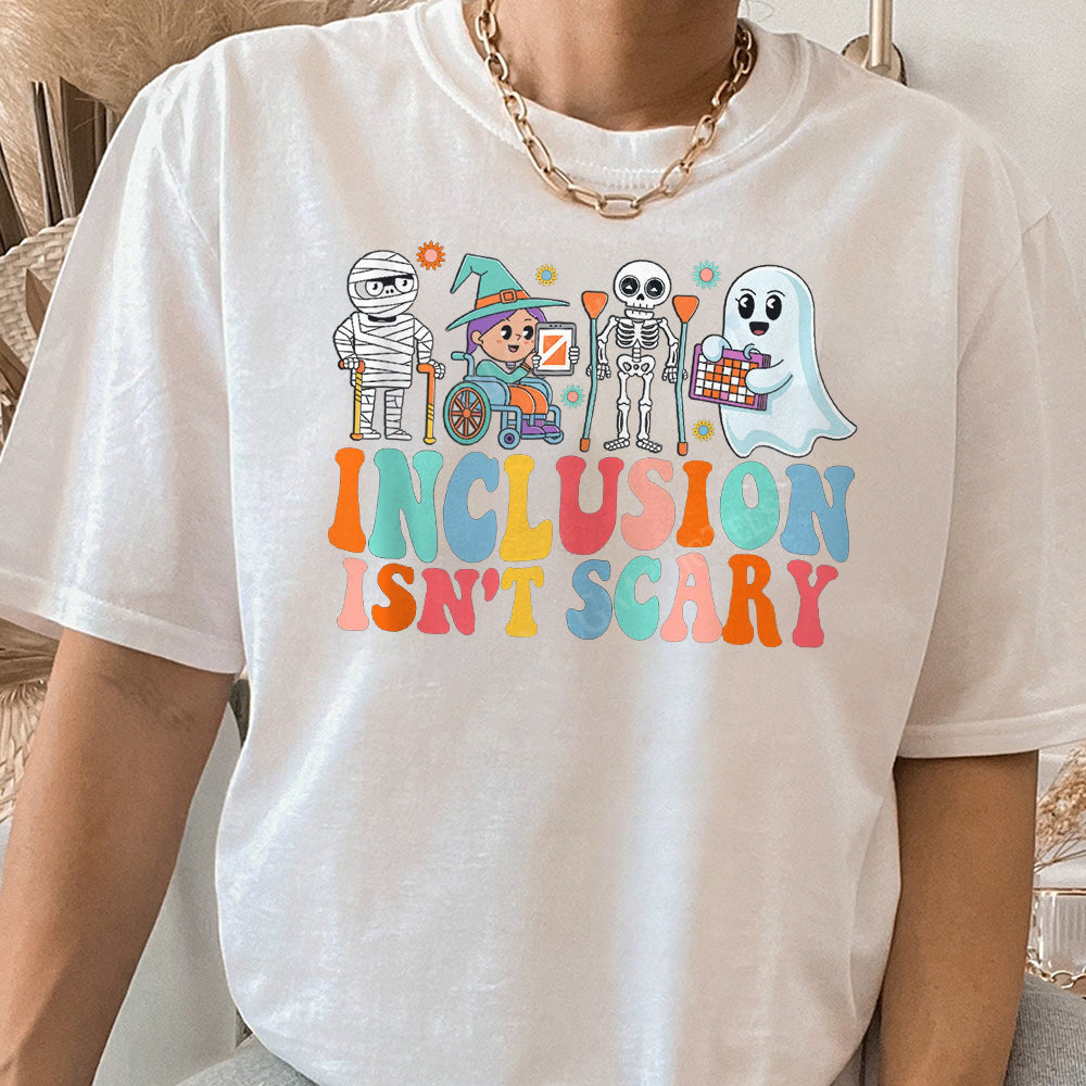 Inclusion Isn't Scary Teacher Skeleton Ghost Cute Halloween Shirt, SLP Halloween Shirt, Halloween Sped Teacher Tee EEE