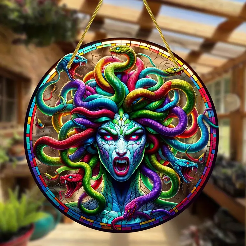 Medusa Themed Acrylic Suncatcher - 8 Round Horror-Inspired Light Catcher for Home, Garden, Window Hanging Decorations - Birthday Occasion Durable Suncatcher with Nylon Rope and Rubber Sleeve Protection ORHA2408