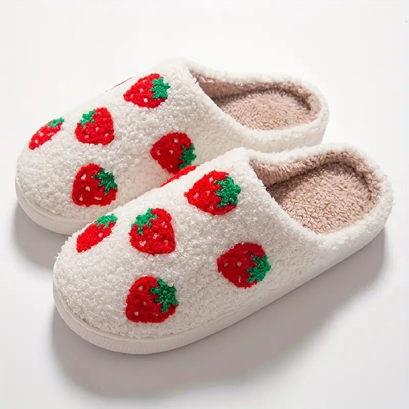 Cute Strawberry Pattern Plush Slippers, Closed Toe Soft Sole Slip On Flat Shoes, Cozy & Warm Home Floor Slippers 
 SL0808 22