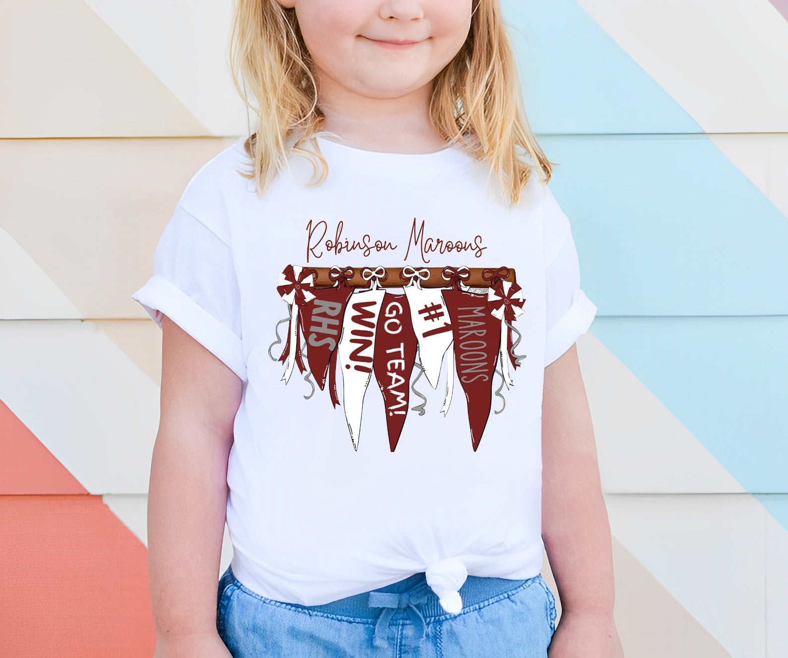 Robinson Maroons Pennant Banner Flag Shirt, Custom Spirit Tee, Custom Colors, Mascot, Custom School Name, Unisex Fit Bella Brand Shirt  TD0809 06