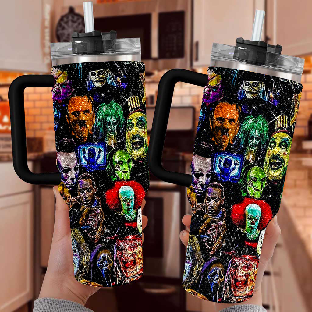 Horror Bling Ghost 40oz Cup with Lid and Straw, Halloween Horror Movie Characters Tumbler 40oz, Horror Friends Halloween Creepy Tumblers TUM2908