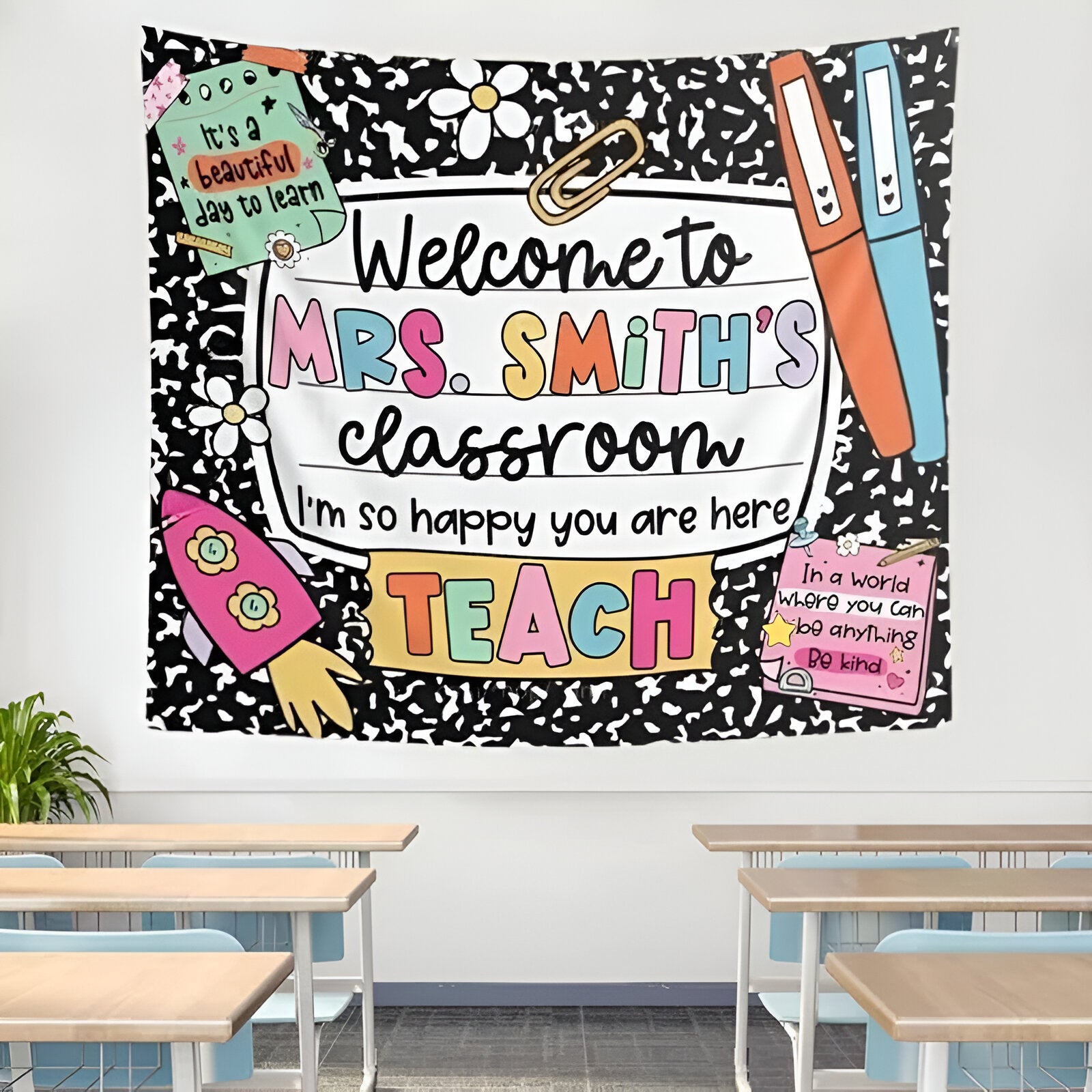 Composition Notebook Classroom Decor Welcome Tapestry Wall, Personalized Teacher Back To School Banner Tapestry, Custom In This Classroom Banner 1st Day Of School Poster Tapes