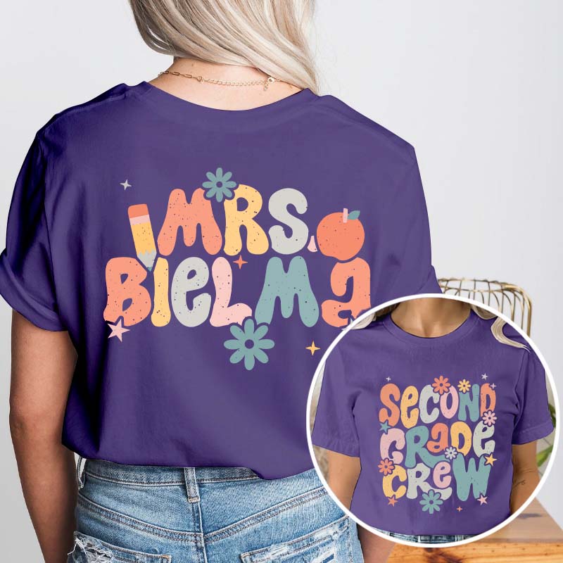 Personalized Name And Grade Bloom Flowers Teacher Two Sided T-Shirt 2MAT68