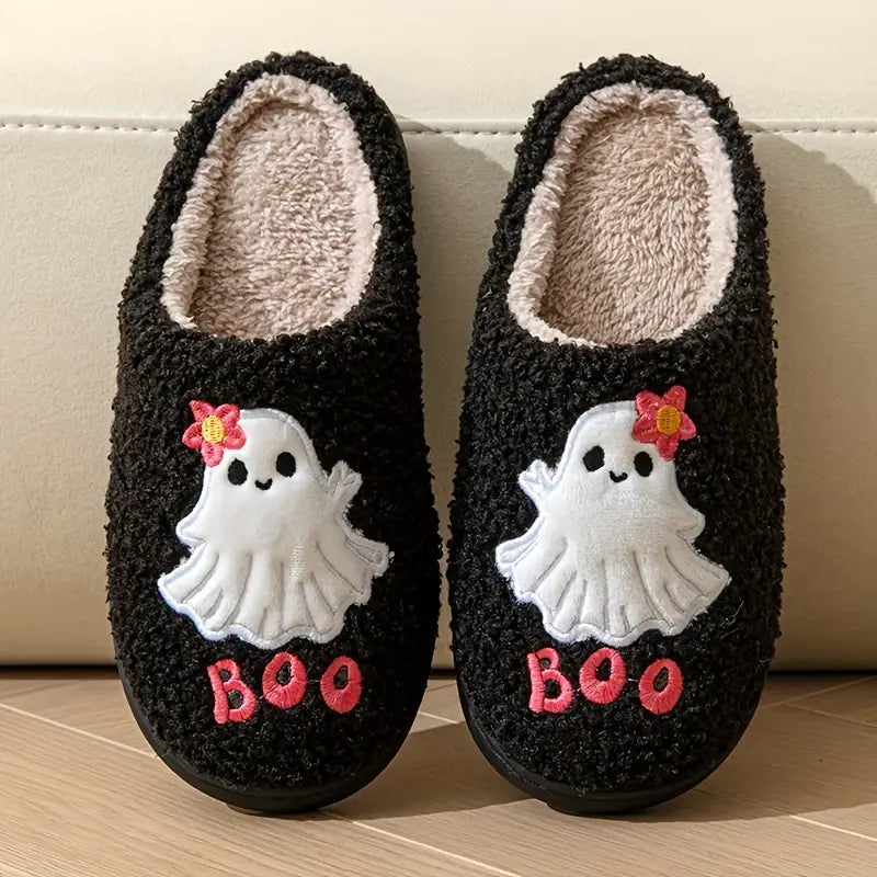 Halloween Cute Little Ghost Pattern Slippers, Casual Slip On Plush Lined Shoes, Comfortable Indoor Home Slippers 
 SL0808 14