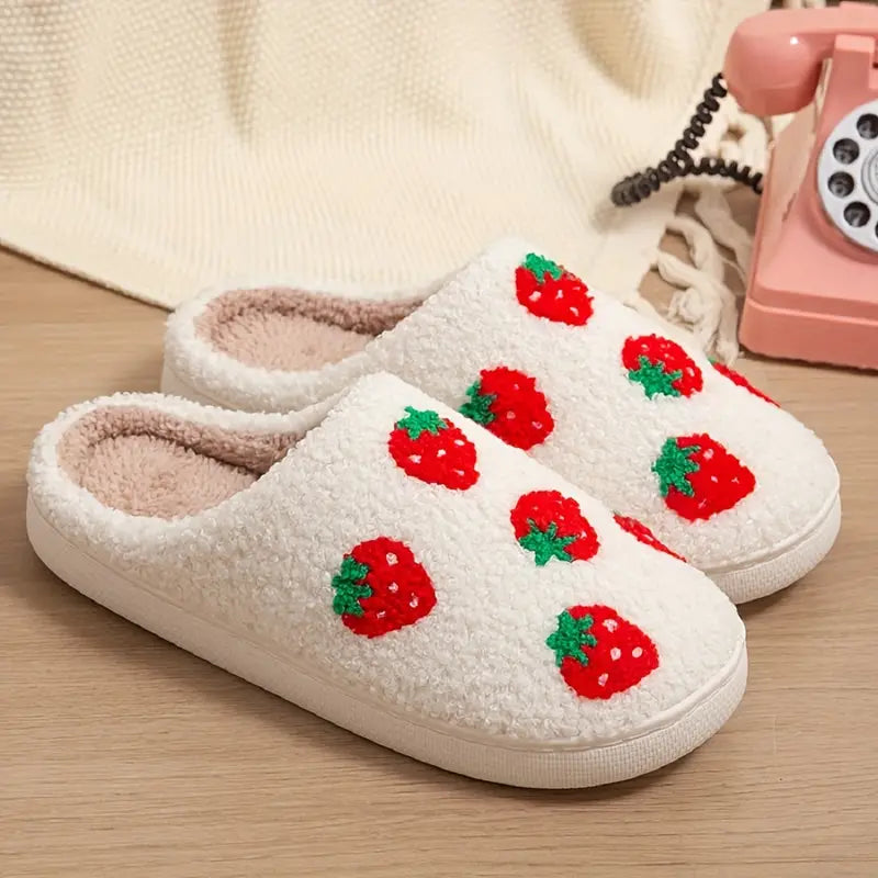 Cute Strawberry Pattern Plush Slippers, Closed Toe Soft Sole Slip On Flat Shoes, Cozy & Warm Home Floor Slippers 
 SL0808 22