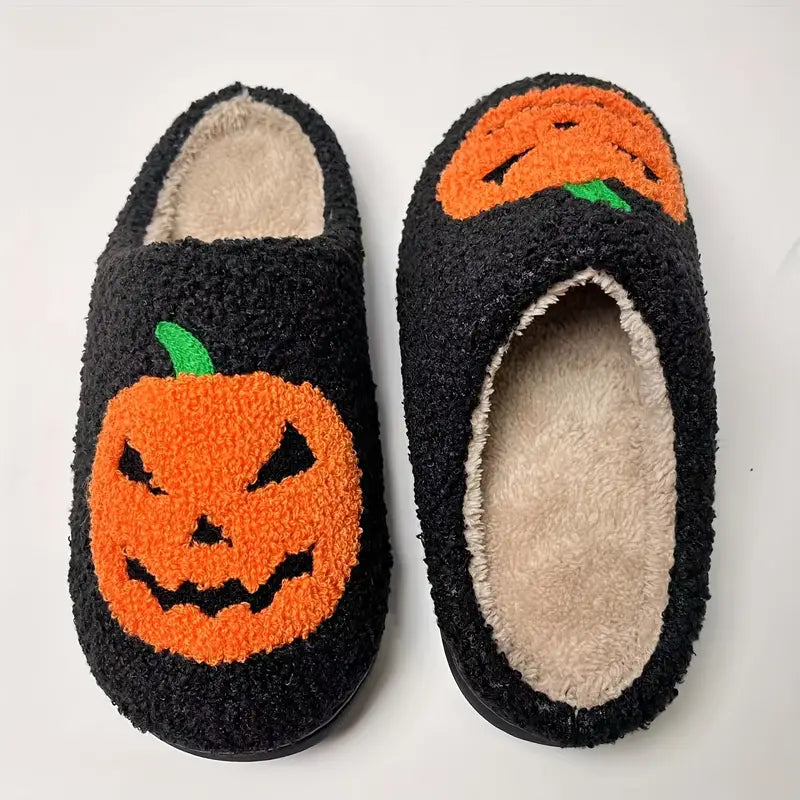 Halloween Carved Pumpkin Home Slippers Soft Plush Cozy House Slippers Anti-skid Slip-on Shoes Indoor For Men Winter Shoes SL0808 04