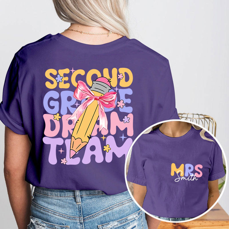 Personalized Teacher's Name And Grade Bow Pencil Print Teacher Two Sided T-Shirt 2MAT88