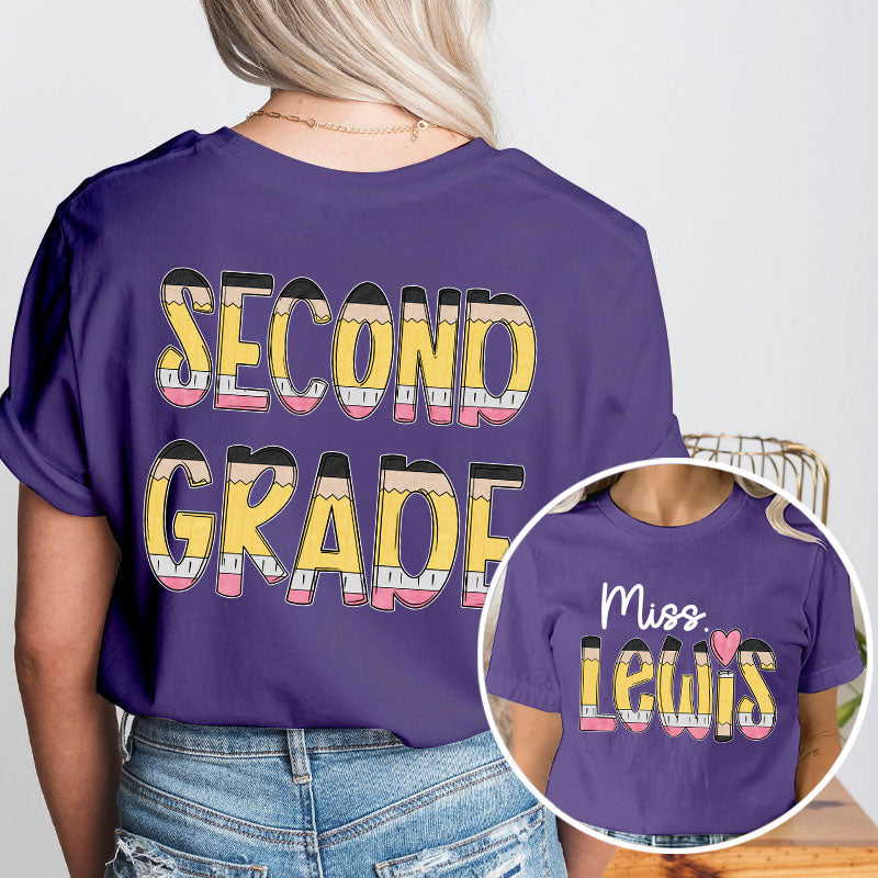 Personalized Teacher's Name And Grade Cartoon Pencil Font Design Teacher Two Sided T-Shirt 2MAT88
