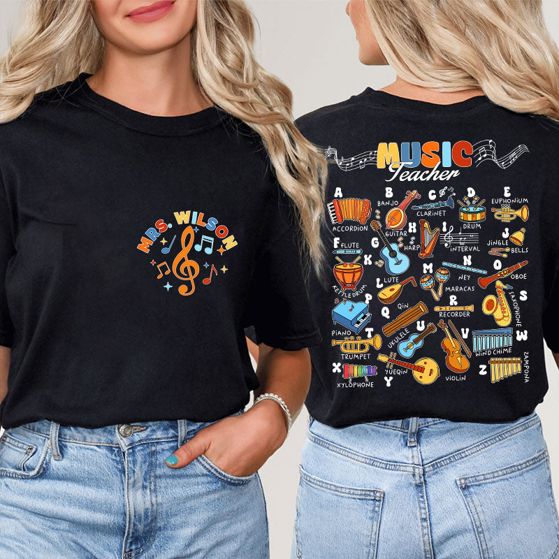 Personalized Music Teacher's Name Musical Instrument Icons Teacher Two Sided T-Shirt 2MAT88